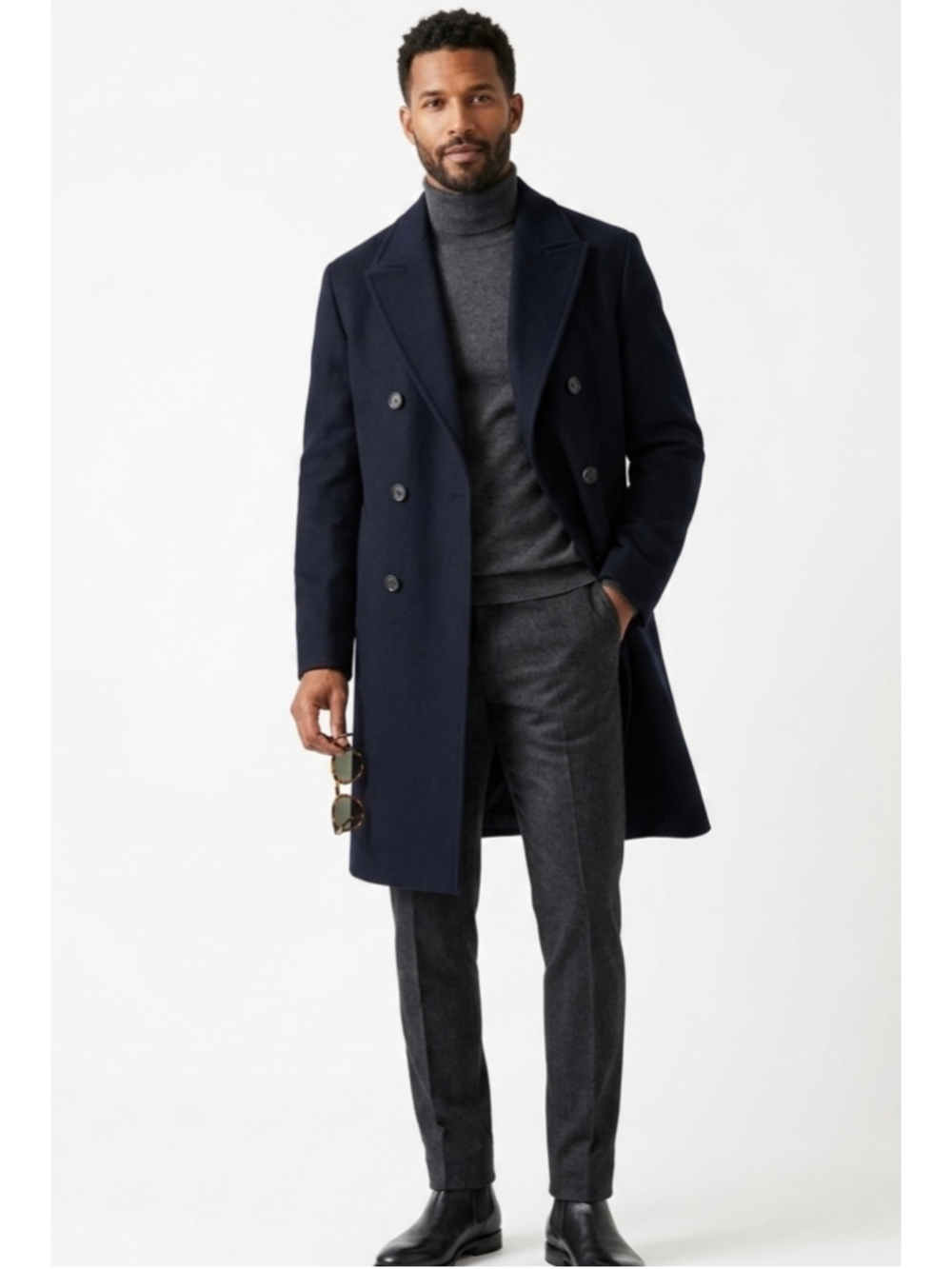 Zara Man Navy Blue Wool Blend Double Breasted Overcoat Long Trench Jacket L